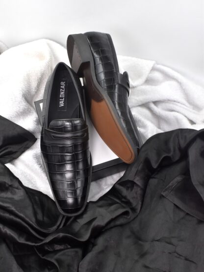 Luxé - Black Italian Croco Wrinkle Free Penny Slip On 323A