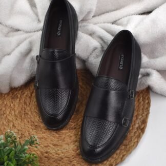 RareLux - Black Handmade Wrinkle Free Textured Double Monk Loafer V0034A