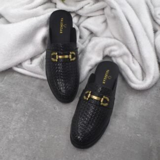 RareLux - Black Italian Wrinkle Free HorseBit Textured Mules V0050A