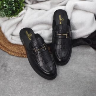 RareLux - Black Italian Wrinkle Free Croco HorseBit Mules V0053A