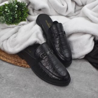 RareLux - Black Italian Wrinkle Free Croco Textured HorseBit Mules V0054A