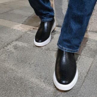 Rarelux Sneaker - Black Handmade Wrinkle Free Snake Textured Chelsea Sneaker V0057A